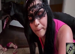 Rough fucking with a black dog, girl in pink